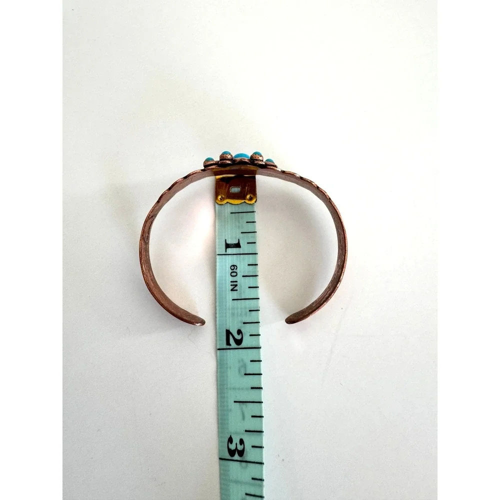 Vintage Solid Copper Faux Turquoise Cuff Bracelet Southwestern Stamped Design